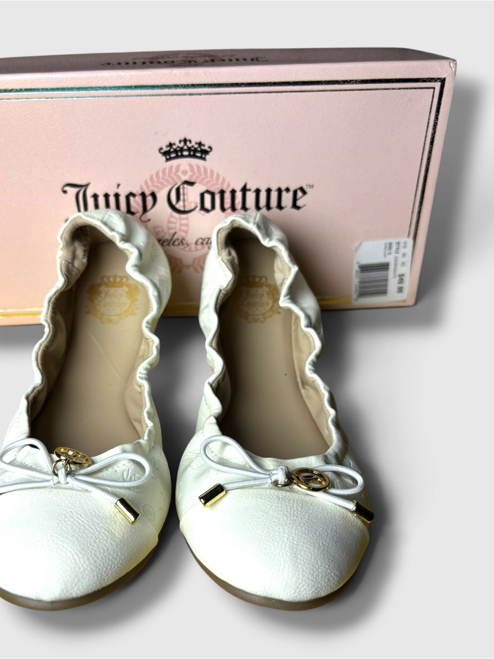 NWT Y2K Juicy Couture White Monogram Ruffle Bow Ballet Flats Size 7